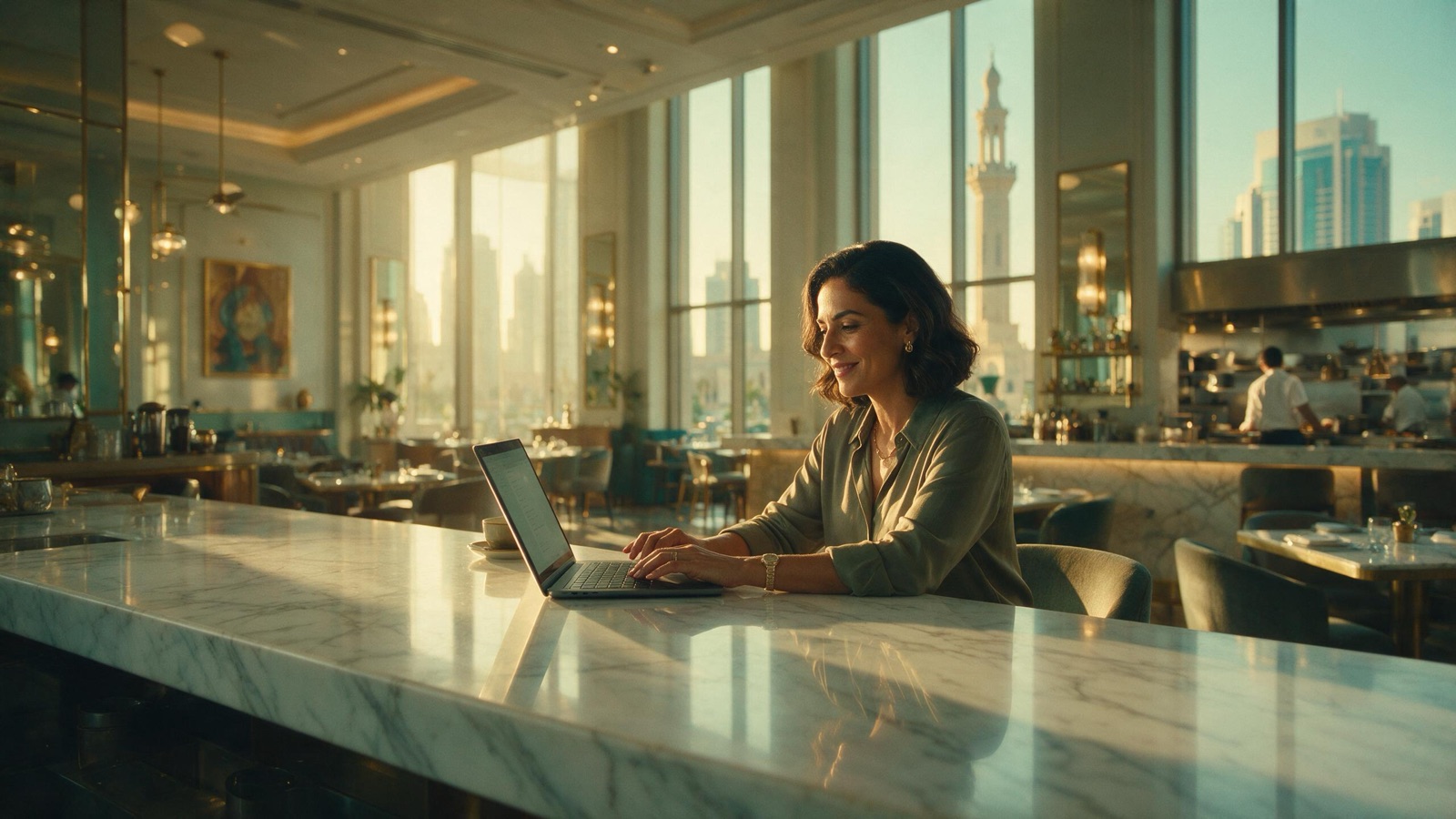 Restaurant owner in Dubai answering the Briefing Agent's questions on her laptop before opening hours