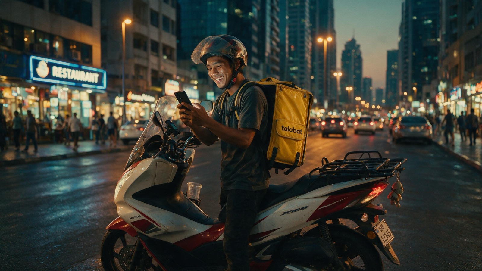 Delivery rider in Dubai smiling at a status update on his phone at dusk