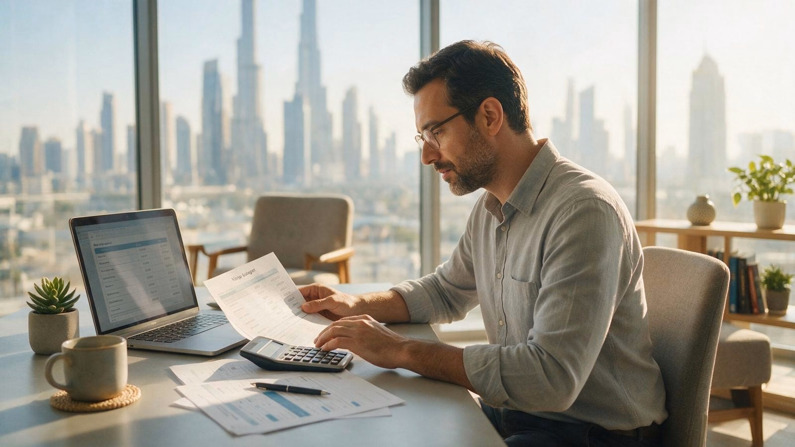 Hiring manager reviewing recruitment budget in a Dubai office