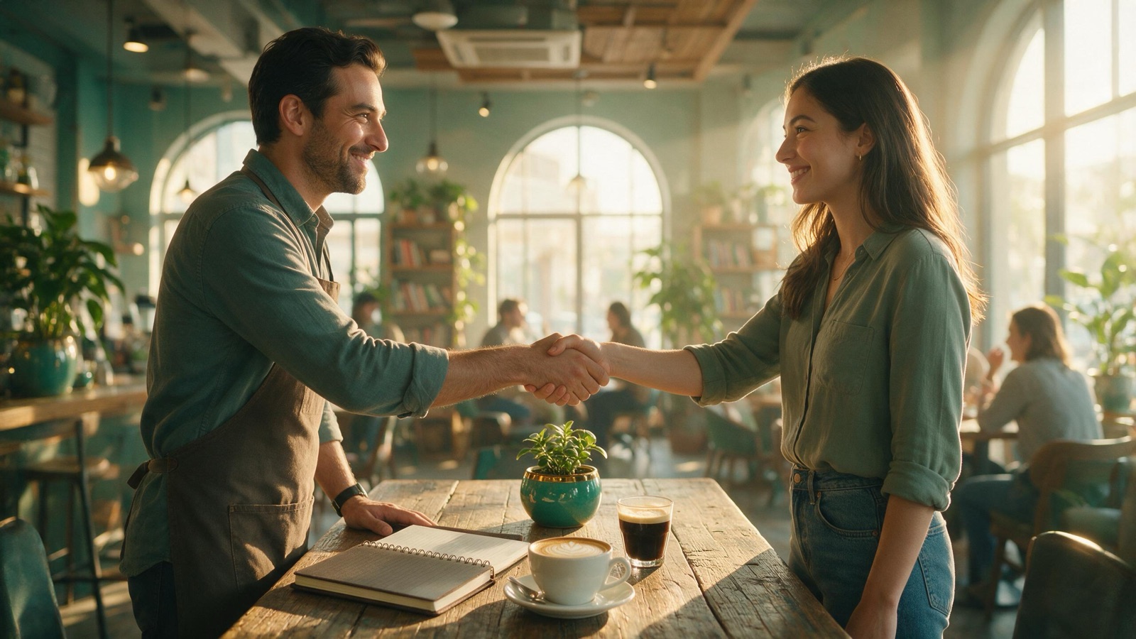 Cafe manager warmly greeting a candidate arriving for an interview in Dubai