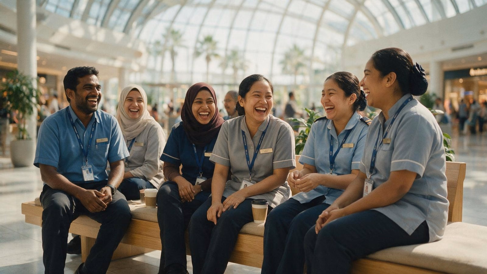Multicultural team of frontline workers laughing during a break in Dubai