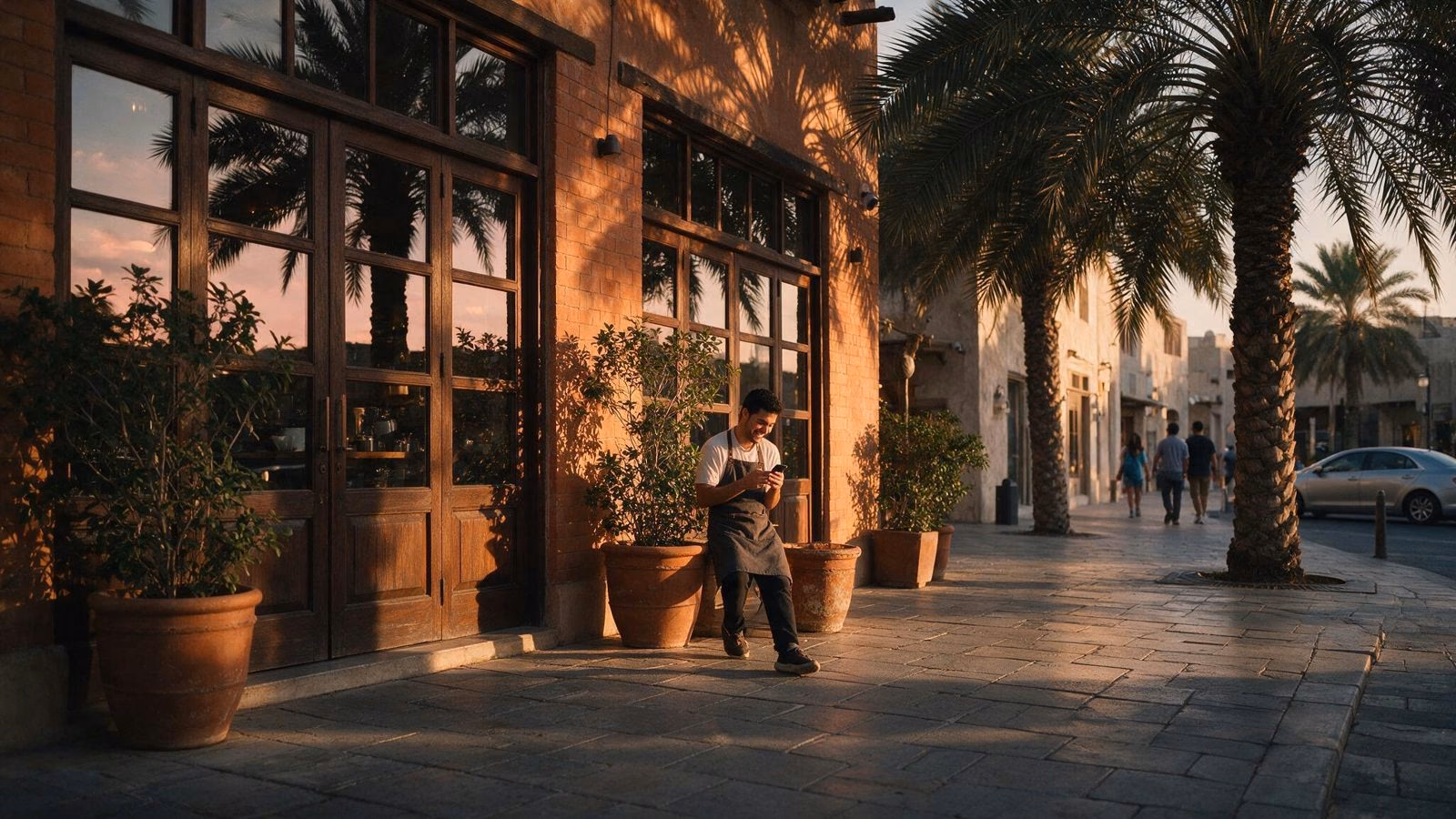 Barista on a break scrolling his phone outside a Dubai cafe