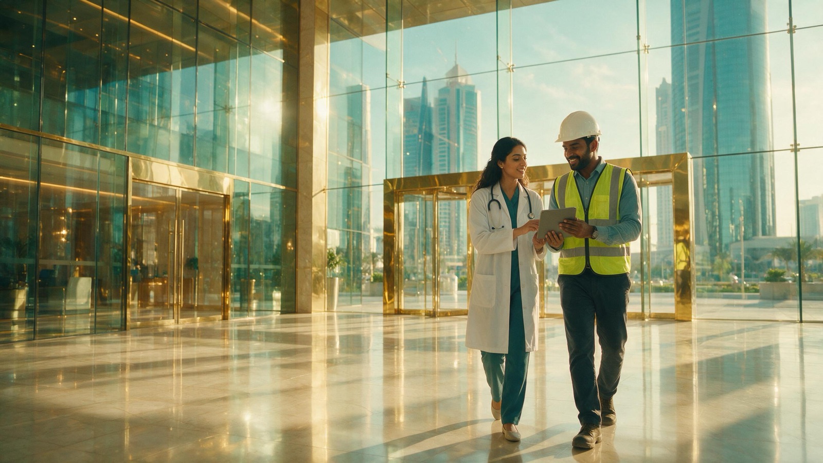 Doctor and civil engineer reviewing plans together in a modern Abu Dhabi lobby