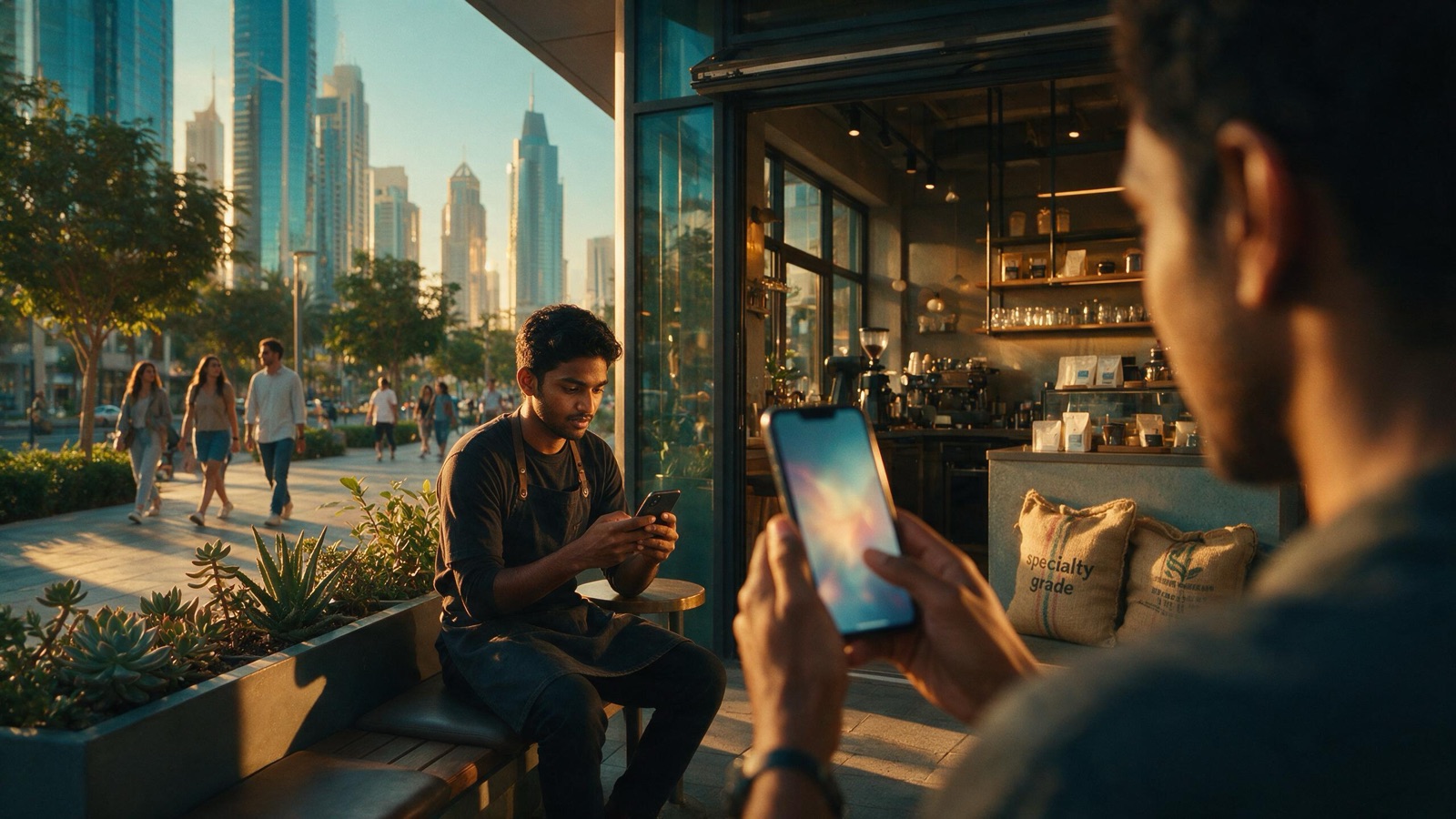 Barista on a break answering a skills test on his phone outside a Dubai cafe