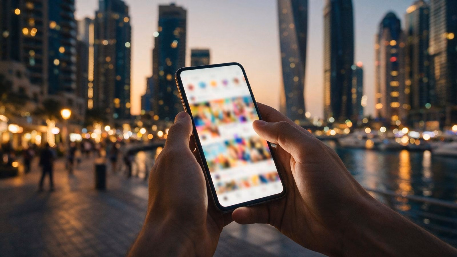 Hands holding a phone with a glowing social feed, Dubai Marina at dusk
